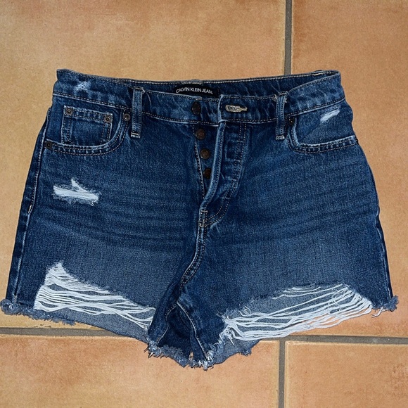 Blue denim ripped distressed Calvin Klein Jeans shorts - Picture 1 of 4